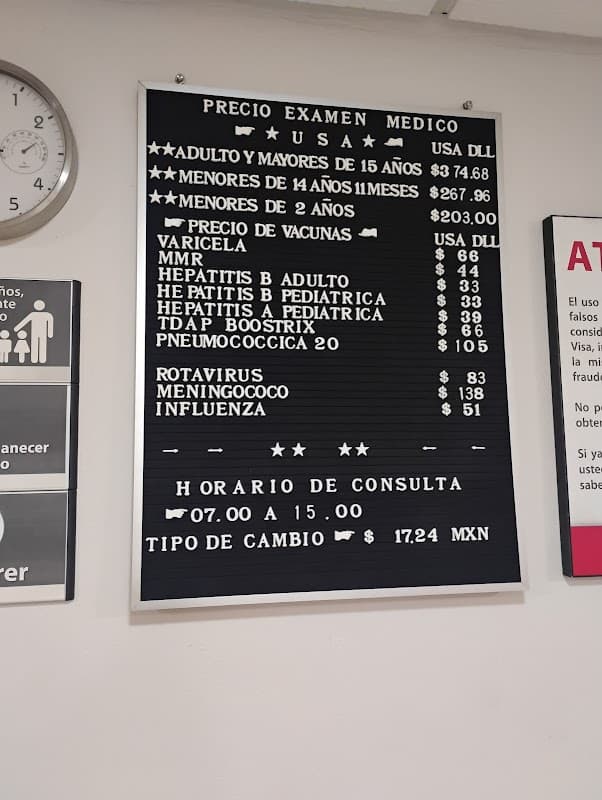 Médicos Especializados Internacionales (MEI) posted fee schedule, Mexico City, adult exam $374.68 USD