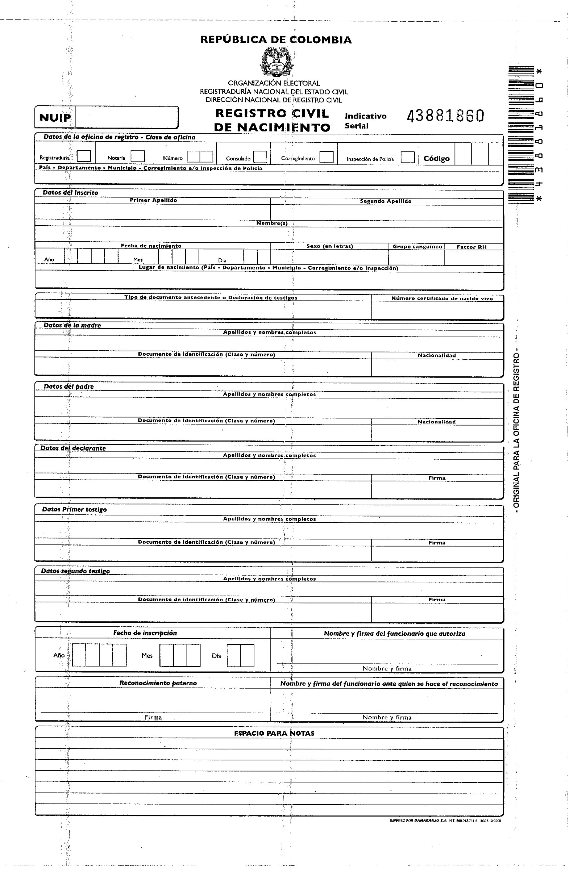A blank Colombian civil registry form from the Registraduría Nacional del Estado Civil, showing the Indicativo Serial barcode and the marginal-notes section. The marriage form (Registro Civil de Matrimonio) uses the identical layout.
