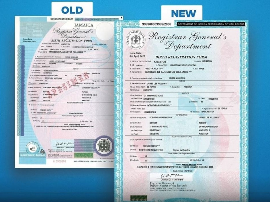Side-by-side specimen of the old and new Jamaican Registrar General's Department (RGD) Birth Registration Form, both computer-generated, with serial numbers at the top of the page
