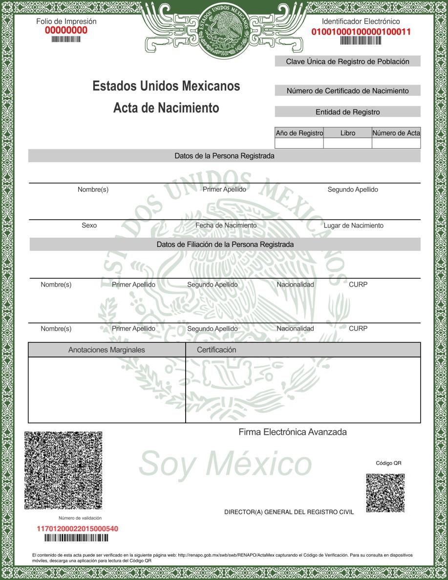 Blank Mexican birth certificate (Acta de Nacimiento) in the official RENAPO Formato Único, showing the security border, CURP field, QR code, barcode strips, Soy México watermark, and Firma Electrónica Avanzada section