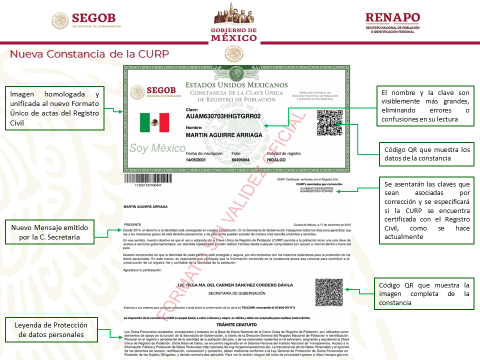 Annotated sample of the Mexican CURP (Clave Única de Registro de Población) constancia printout showing QR code, barcode, Soy México watermark, and key data fields