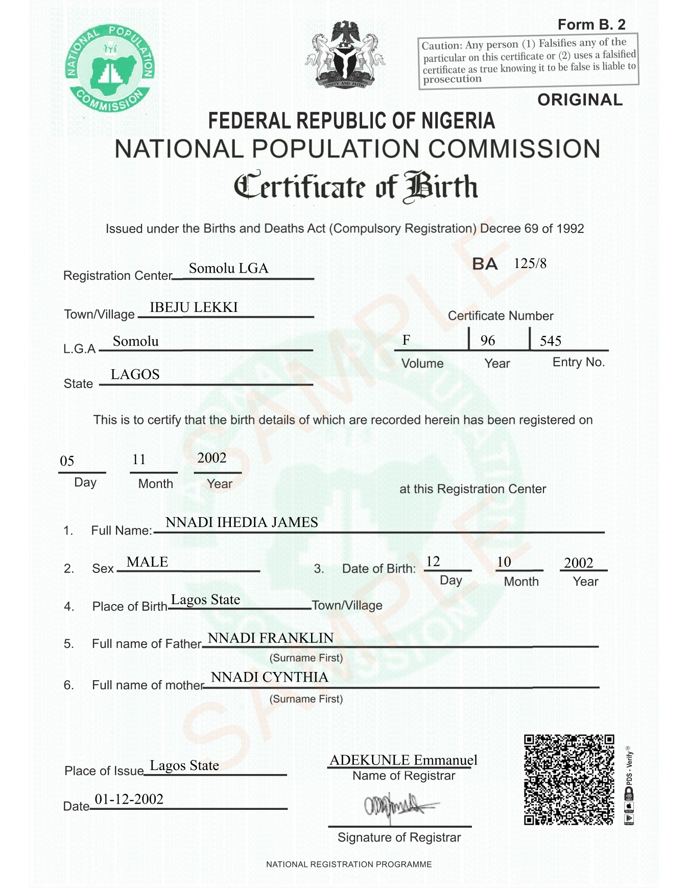 Sample of the Nigerian National Population Commission (NPC) Certificate of Birth, Form B.2, issued under the Births and Deaths (Compulsory Registration) Decree 69 of 1992, showing fields for full name, sex, date and place of birth, parents' names, registration center, and a verification QR code