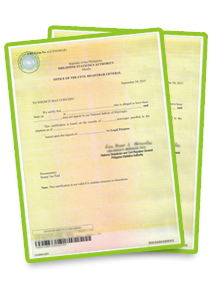 PSA CENOMAR (Certificate of No Marriage Record) on SECPA security paper, showing the Advisory on Marriages format with PSA letterhead and barcode strip