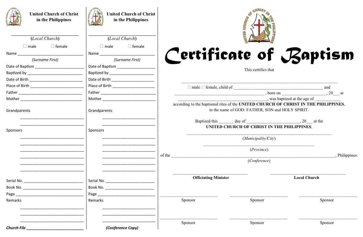 Blank United Church of Christ in the Philippines (UCCP) Certificate of Baptism template showing all three copy sections with fields for child name, parents, sponsors, and officiating minister