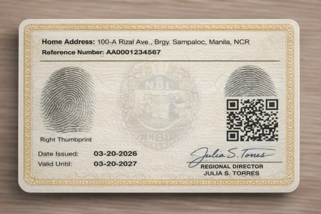 Back face of the current NBI Biometric Clearance card showing thumbprint impression, QR verification code, issue and expiry dates, and Regional Director signature