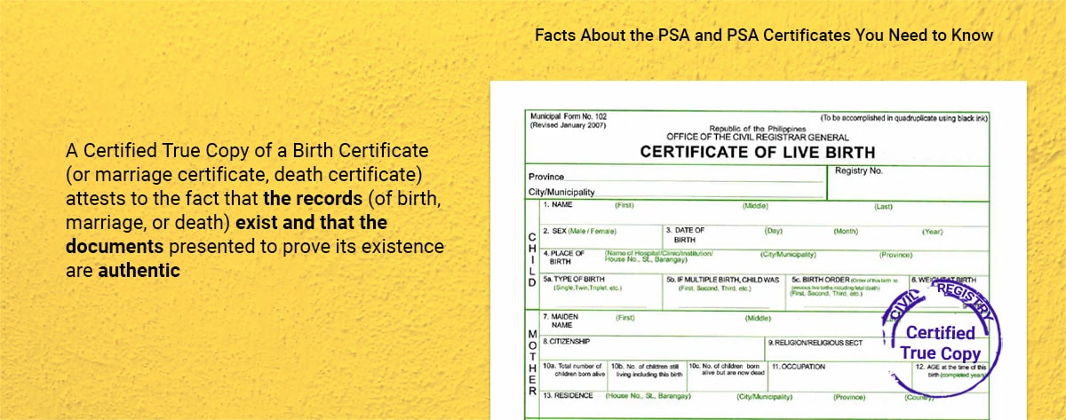 PSA Certificate of Live Birth on SECPA security paper showing the form layout, PSA seal, and Certified True Copy stamp, blank specimen with no personal data