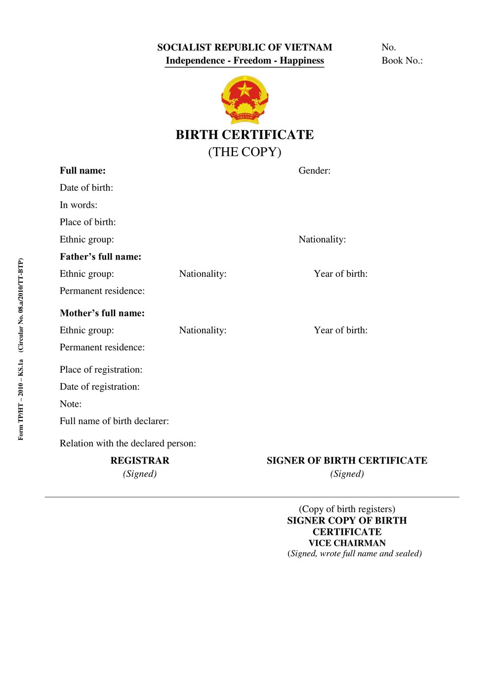 Blank specimen of the Vietnamese Birth Certificate (Giấy khai sinh), official Form TP/HT-2010-KS.1a, showing the field layout for full name, date of birth, place of birth, and parents' details