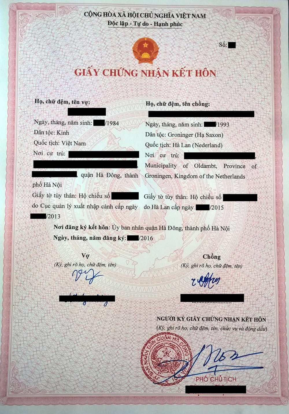 A Vietnamese Giấy chứng nhận kết hôn (Marriage Certificate): a red certificate with the national emblem and a red seal in the bottom right, for a Vietnamese and a foreign spouse
