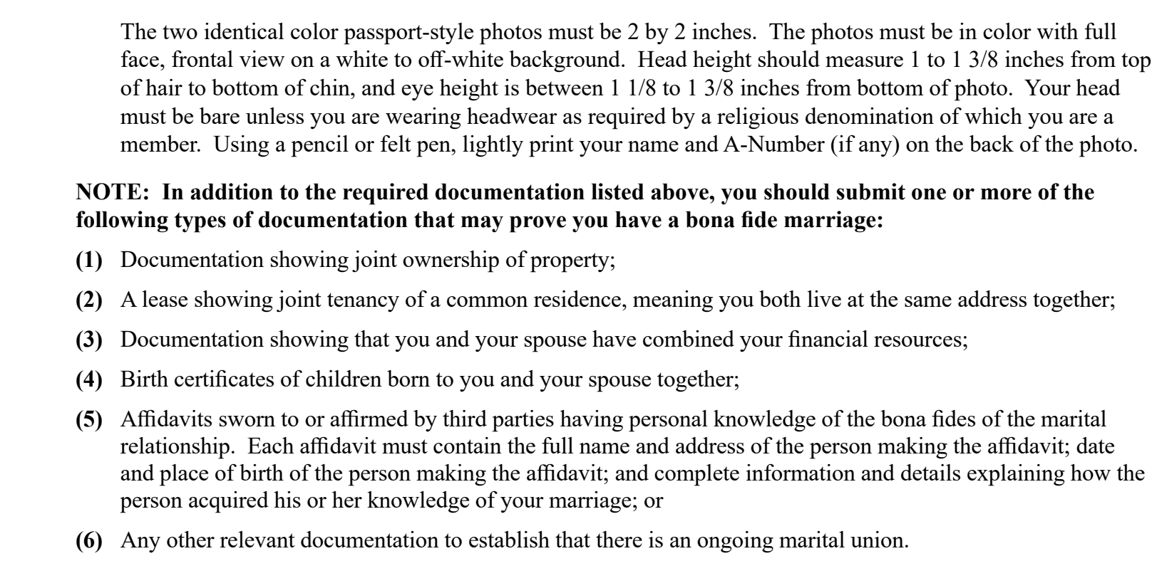 Form I-130 Instructions, evidence for a spouse : the bona fide marriage NOTE listing six categories of documentation, edition 04/01/24, page 7