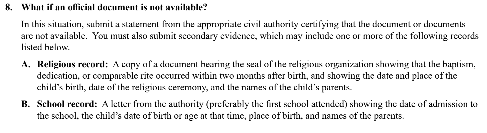 Form I-130 Instructions, General Requirements, Item 8 (What if an official document is not available) as it appears on edition 04/01/24, page 8