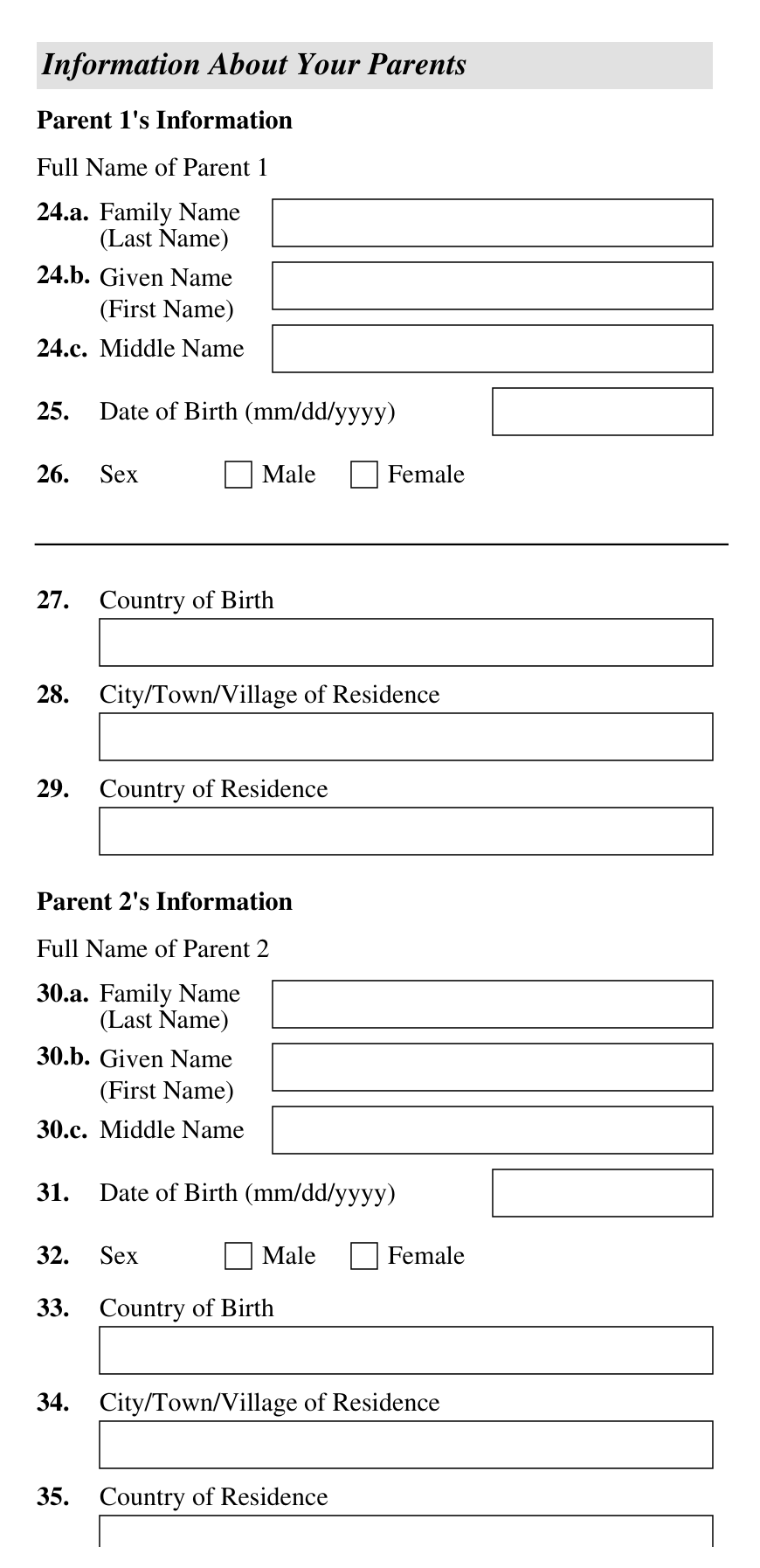 Form I-130, Part 2 (Information About You, Petitioner) : the Information About Your Parents section, Items 24 to 35, as it appears on edition 04/01/24