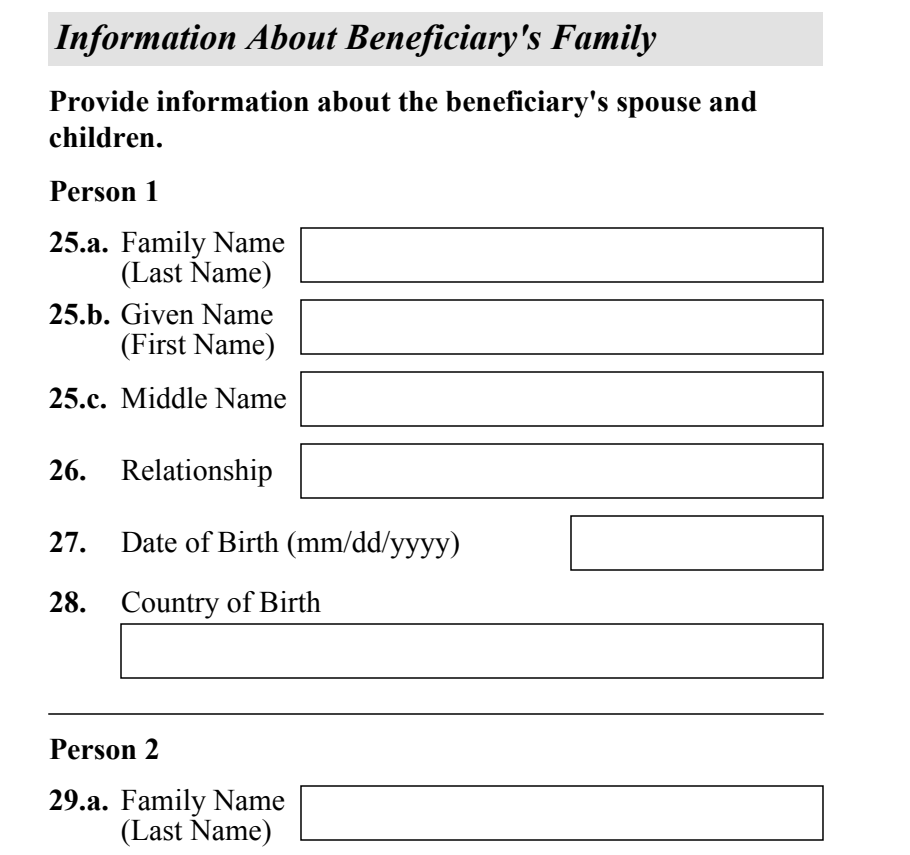 Form I-130, Part 4 (Information About Beneficiary's Family) : Items 25 through 32 listing the beneficiary's children as they appear on edition 04/01/24