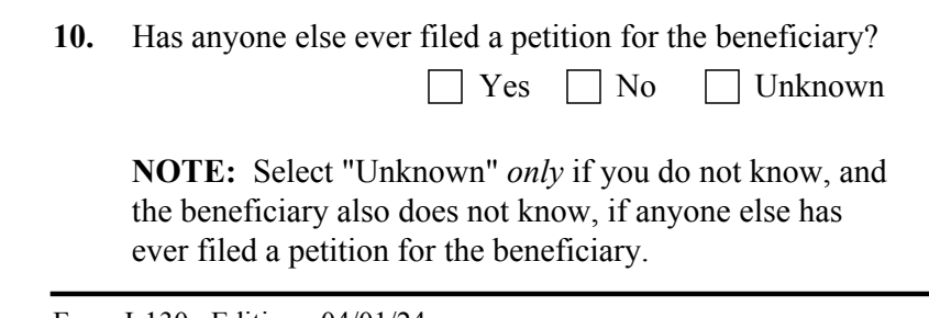 Form I-130, Part 4 (Information About Beneficiary, prior petitions) : Item 10 with Yes, No, and Unknown options as they appear on edition 04/01/24