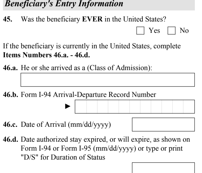 Form I-130, Part 4 (Beneficiary's Entry Information), Items 45 through 46.d as they appear on edition 04/01/24