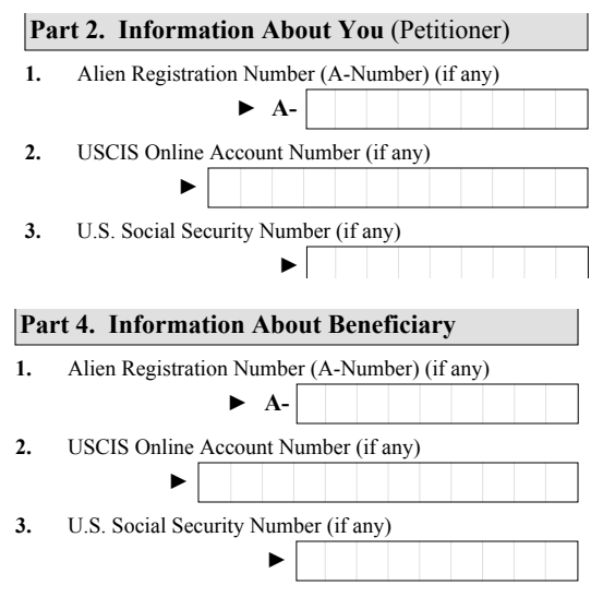 Form I-130, Part 2 (Information About You, petitioner) and Part 4 (Information About Beneficiary) : the USCIS Online Account Number field at Item 2 in each part as it appears on edition 04/01/24