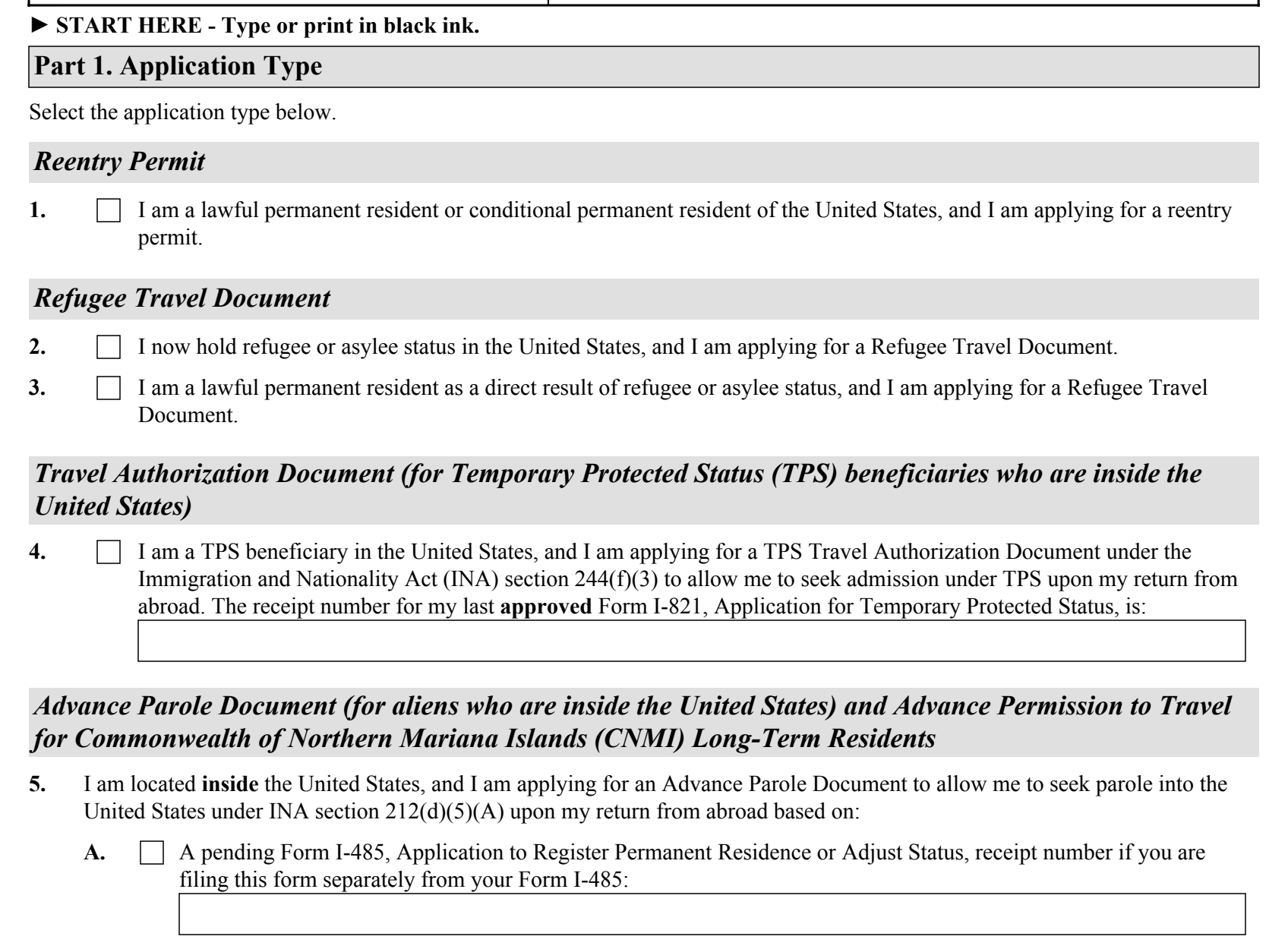 Form I-131, Part 1 (Application Type) : the reentry permit (Item 1), refugee travel document (Items 2-3), TPS travel authorization (Item 4), and advance parole document (Item 5, option A: a pending Form I-485) as they appear on edition 01/20/25