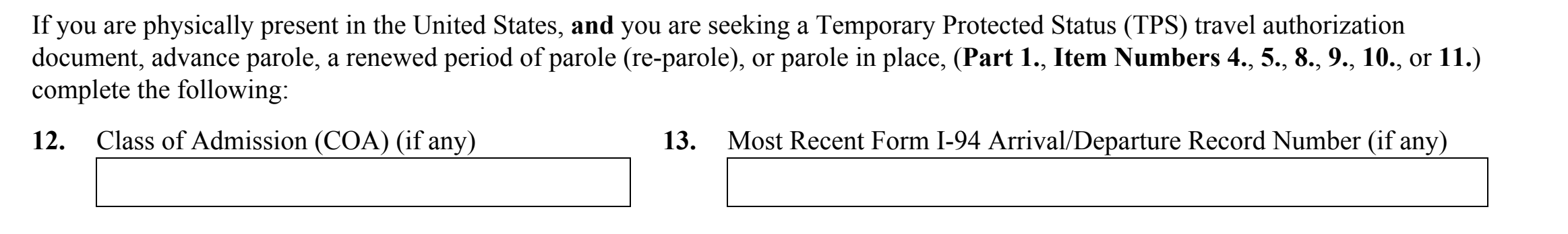 Form I-131, Part 2 (Class of Admission) : Items 12 through 13 as they appear on edition 01/20/25