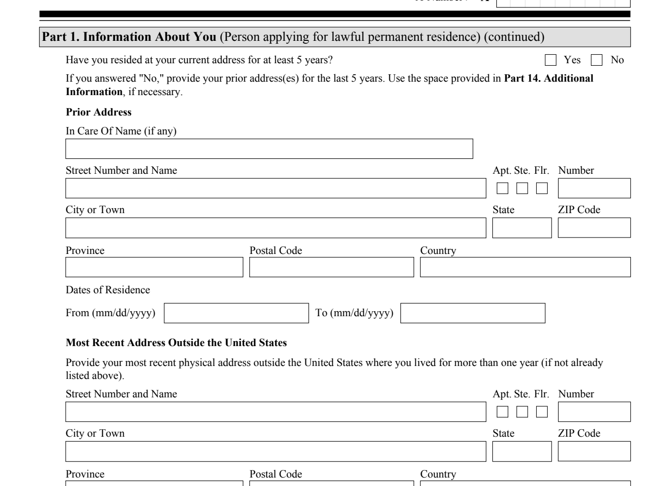 Form I-485, Part 1 (Addresses) : the 5-year prior-address question and address blocks as they appear on edition 09/18/26