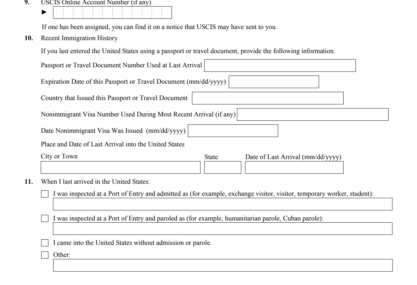 Form I-485, Part 1 (Recent Immigration History and manner of entry) : Items 10 and 11 as they appear on edition 09/18/26
