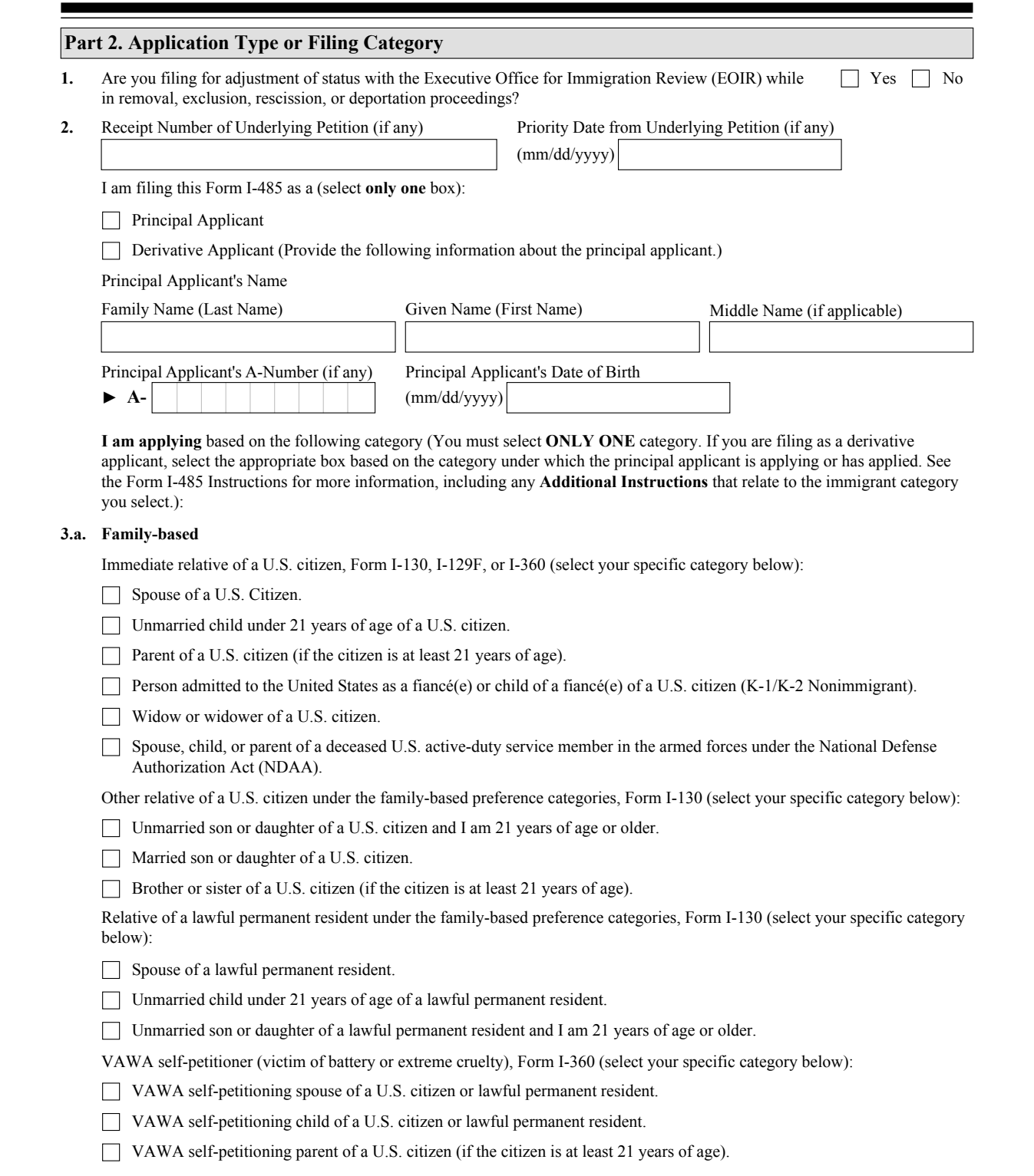 Form I-485, Part 2 (Application Type or Filing Category) : the Item 3.a Family-based category checkboxes including Spouse of a U.S. Citizen as they appear on edition 09/18/26