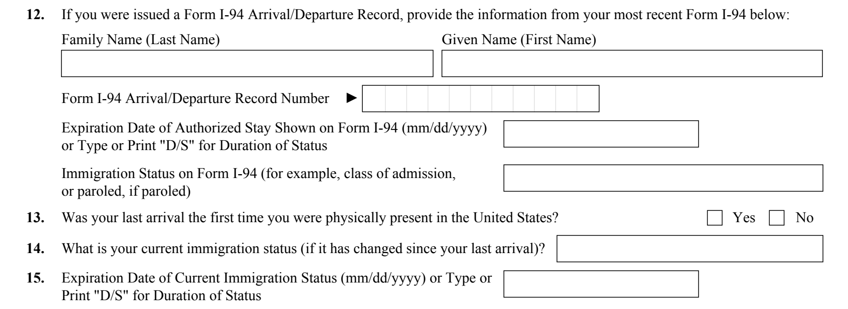 Form I-485, Part 1 (I-94 information and status expiration), Items 12 through 15 as they appear on edition 09/18/26