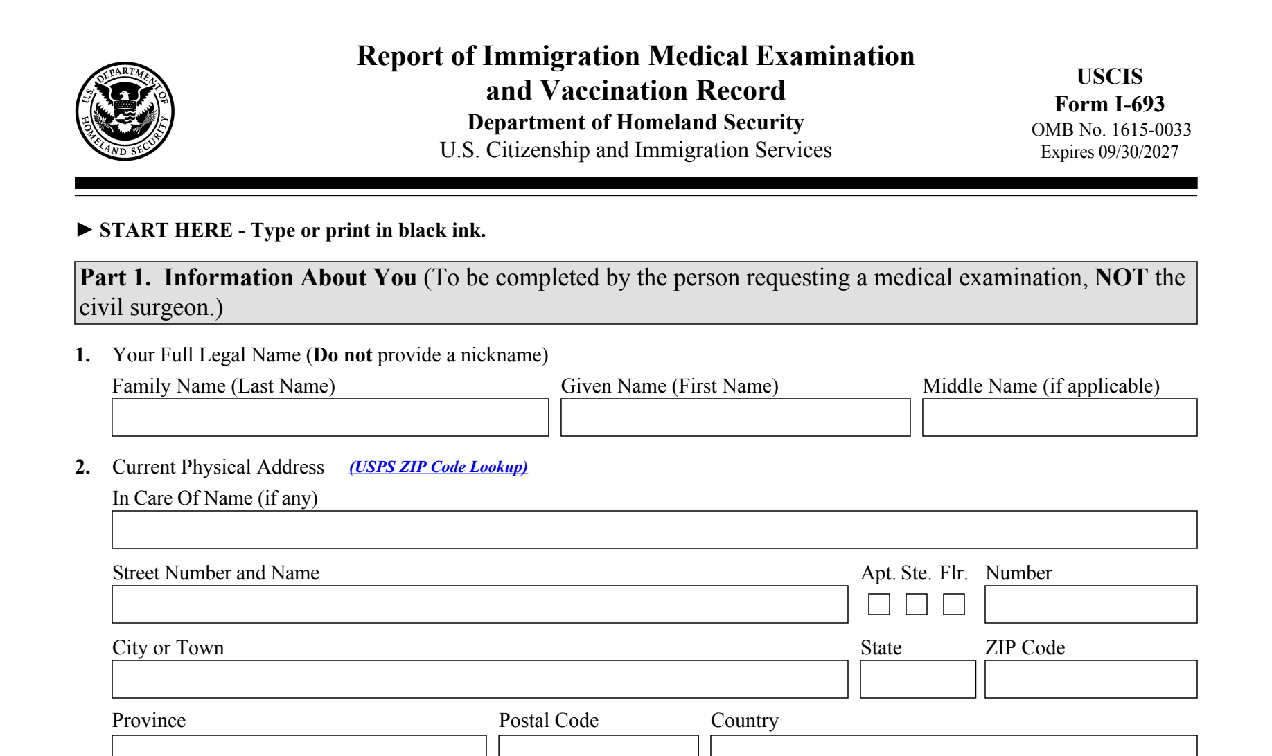 Form I-693, Part 1 (Information About You) header and title block as it appears on edition 01/20/25