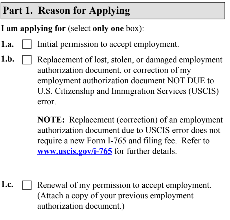 Form I-765, Part 1 (Reason for Applying) : the Initial, Replacement, and Renewal options as they appear on edition 09/15/26
