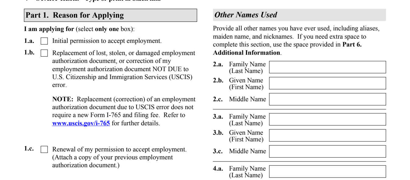 Form I-765, Part 1 (Reason for Applying) : the Initial, Replacement, and Renewal options as they appear on edition 09/15/26