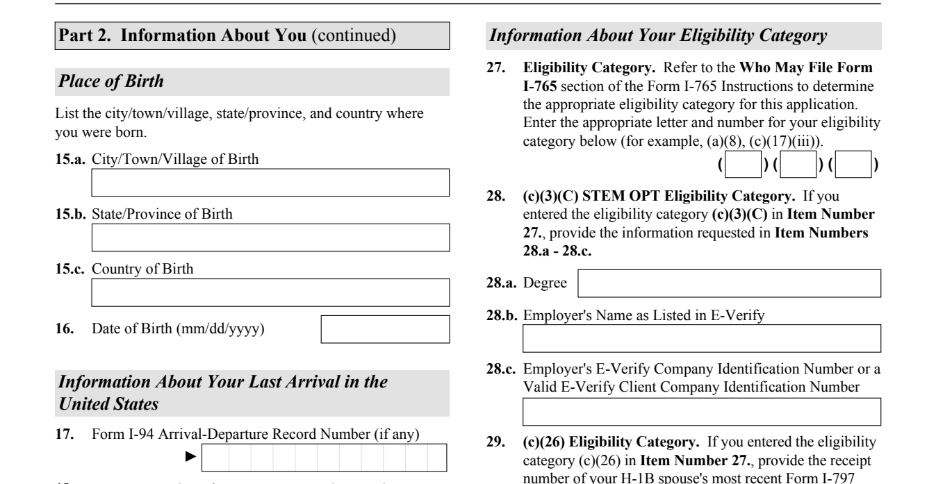 Form I-765, Part 2 (Information About Your Eligibility Category) : Item 27 where you enter the eligibility code, as it appears on edition 09/15/26