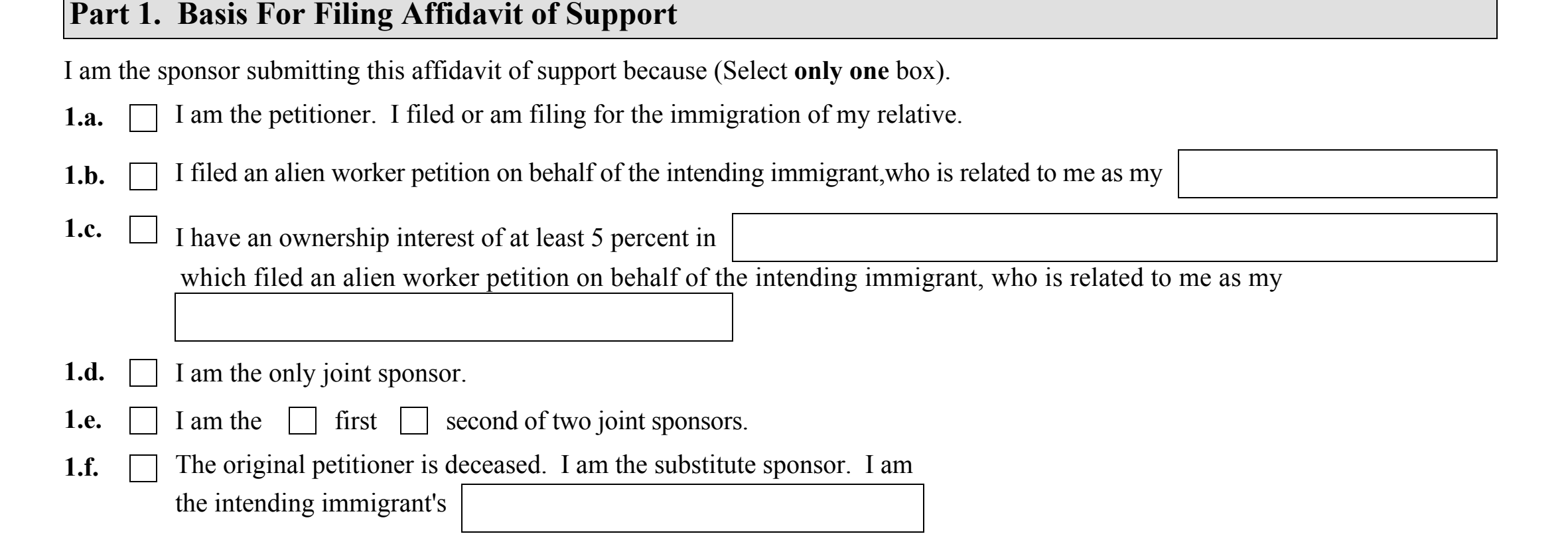 Form I-864, Part 1 (Basis For Filing Affidavit of Support) · Items 1.a through 1.f as they appear on edition 08/24/26