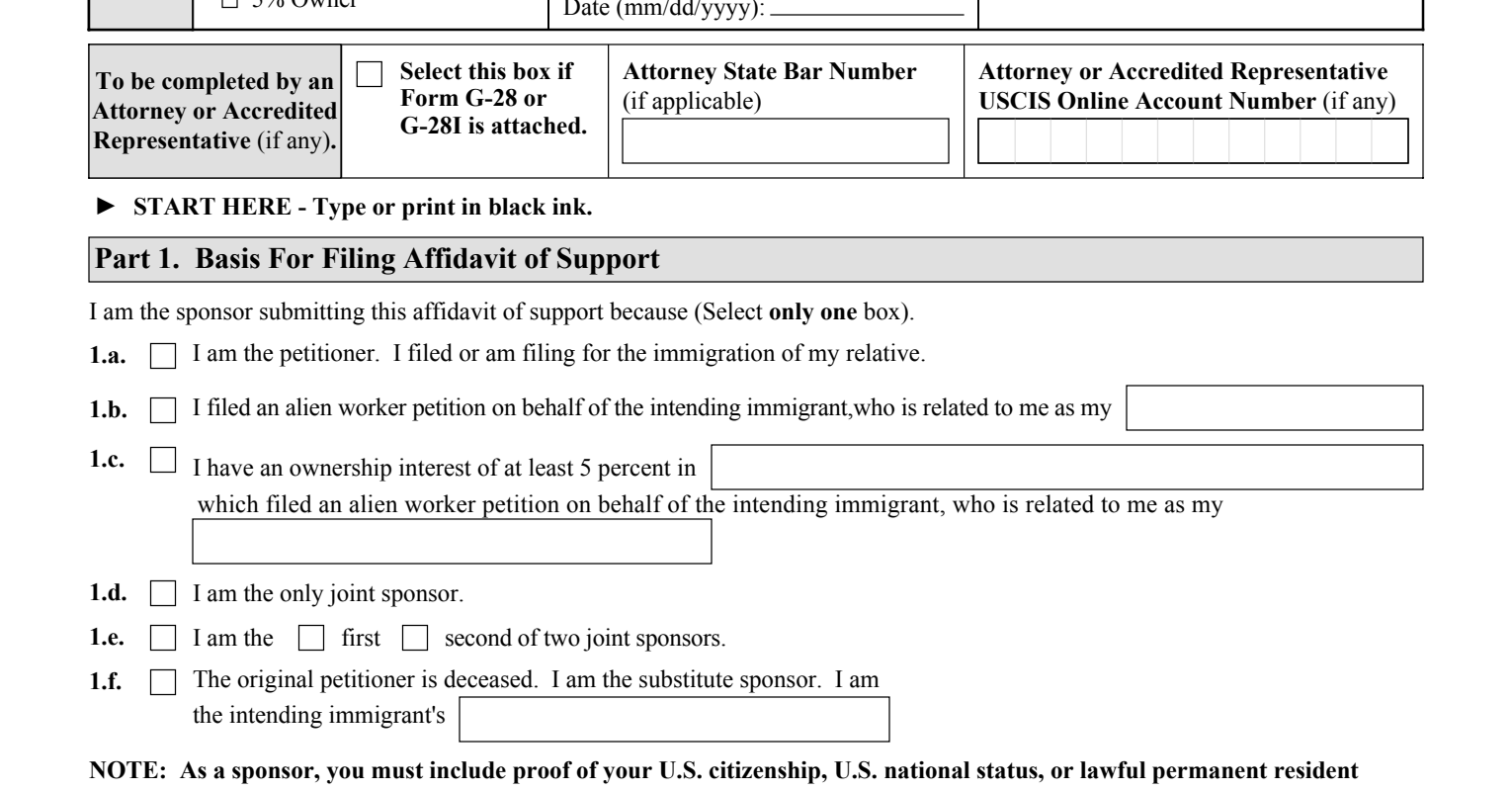 Form I-864, Part 1 (Basis for Filing Affidavit of Support) : Items 1.a through 1.f as they appear on edition 08/24/26