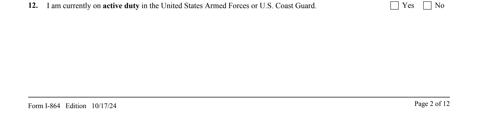 Form I-864, Part 2 (Information About You) : Item 12 Military Service as it appears on edition 08/24/26