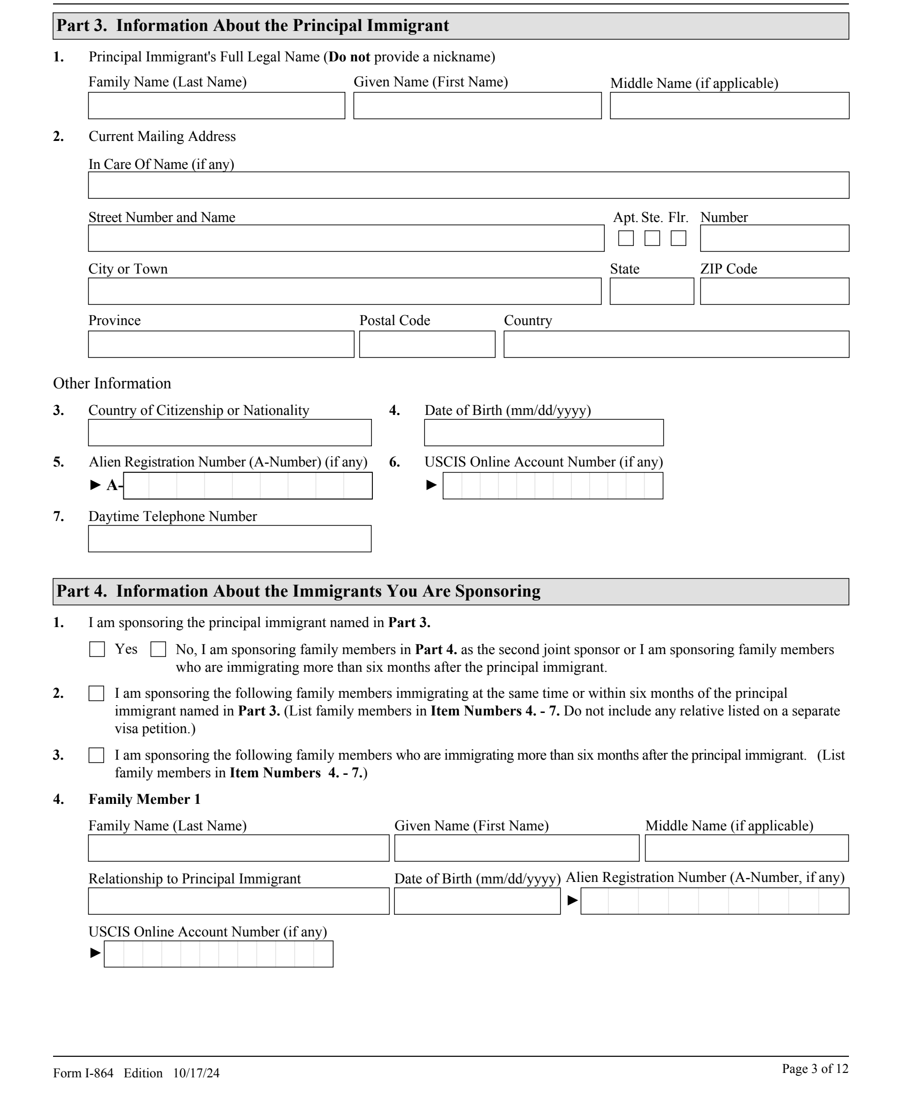 Form I-864, Part 3 (Information About the Principal Immigrant) and Part 4 (Information About the Immigrants You Are Sponsoring), Items 1 through 4, as they appear on edition 08/24/26