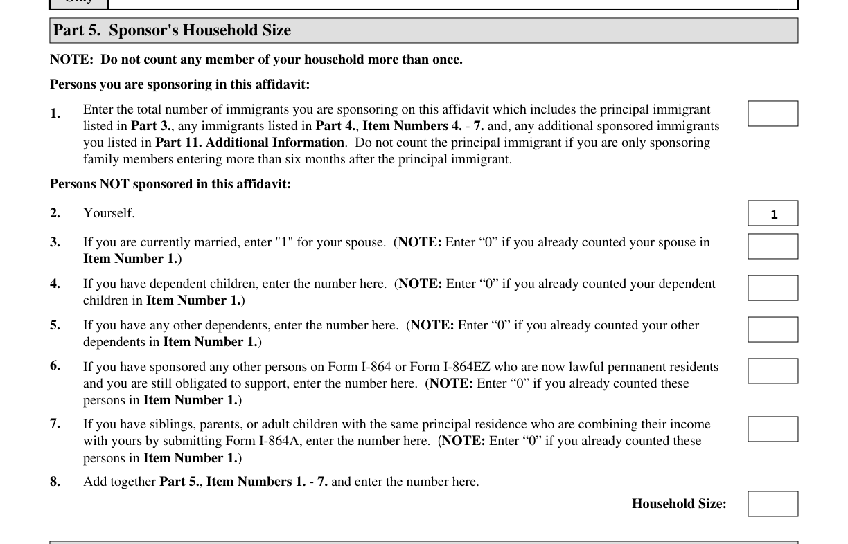 Form I-864, Part 5 (Sponsor's Household Size) -- Item 6 Prior I-864 Obligations as it appears on edition 08/24/26