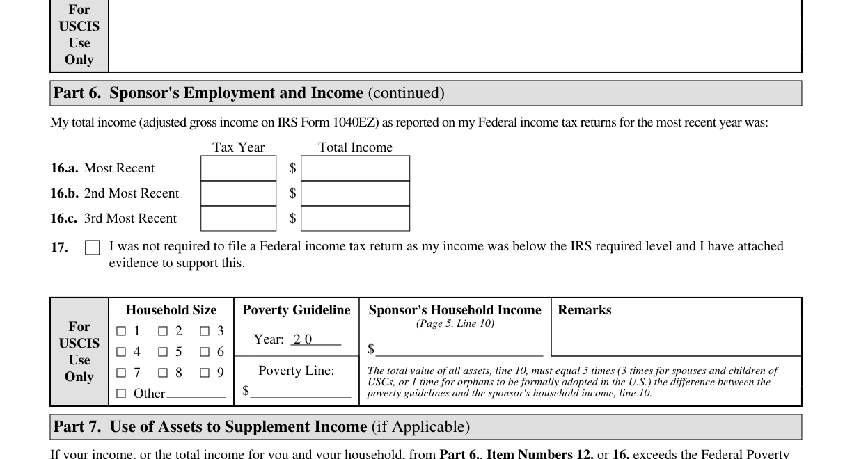 Form I-864, Part 6 (Federal Tax Return Information) -- Items 15 through 19 as they appear on edition 08/24/26