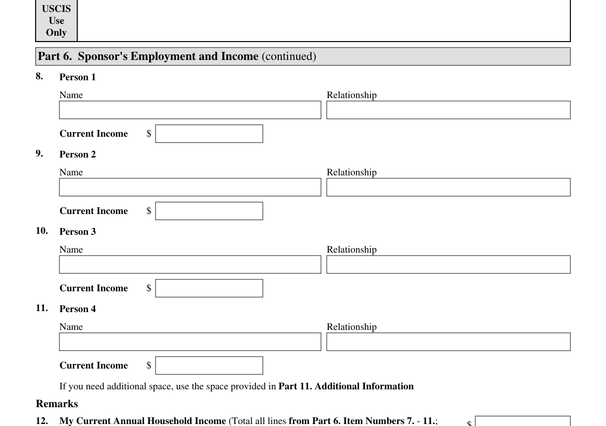 Form I-864, Part 6 (Sponsor's Household Size and Income) : Items 8 through 14 as they appear on edition 08/24/26