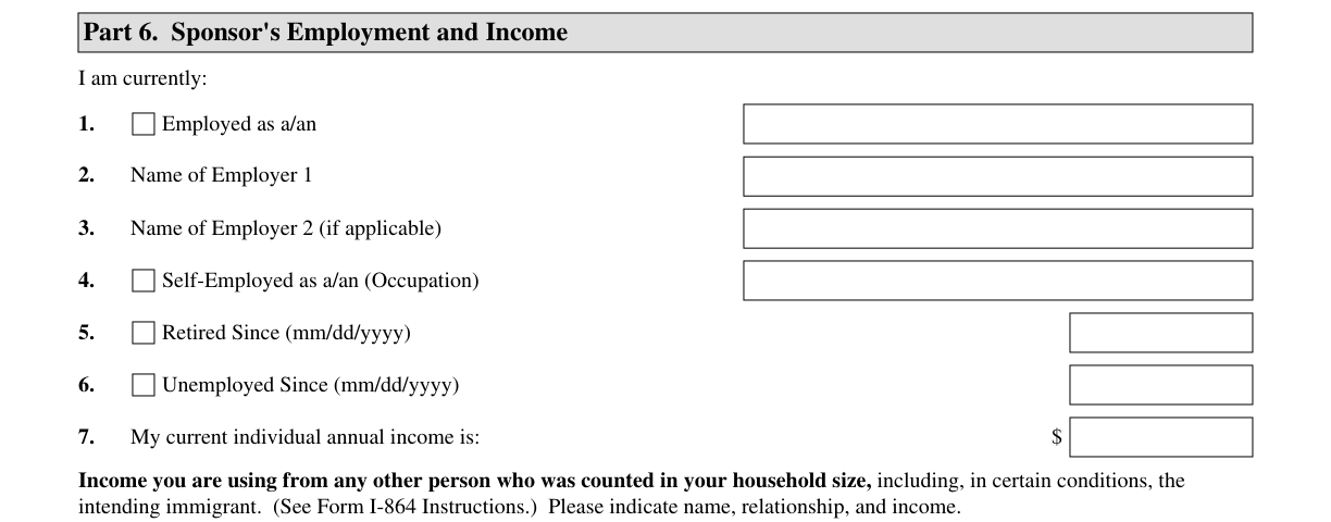 Form I-864, Part 6 (Sponsor's Employment and Income) -- Item 7 Current Individual Annual Income as it appears on edition 08/24/26