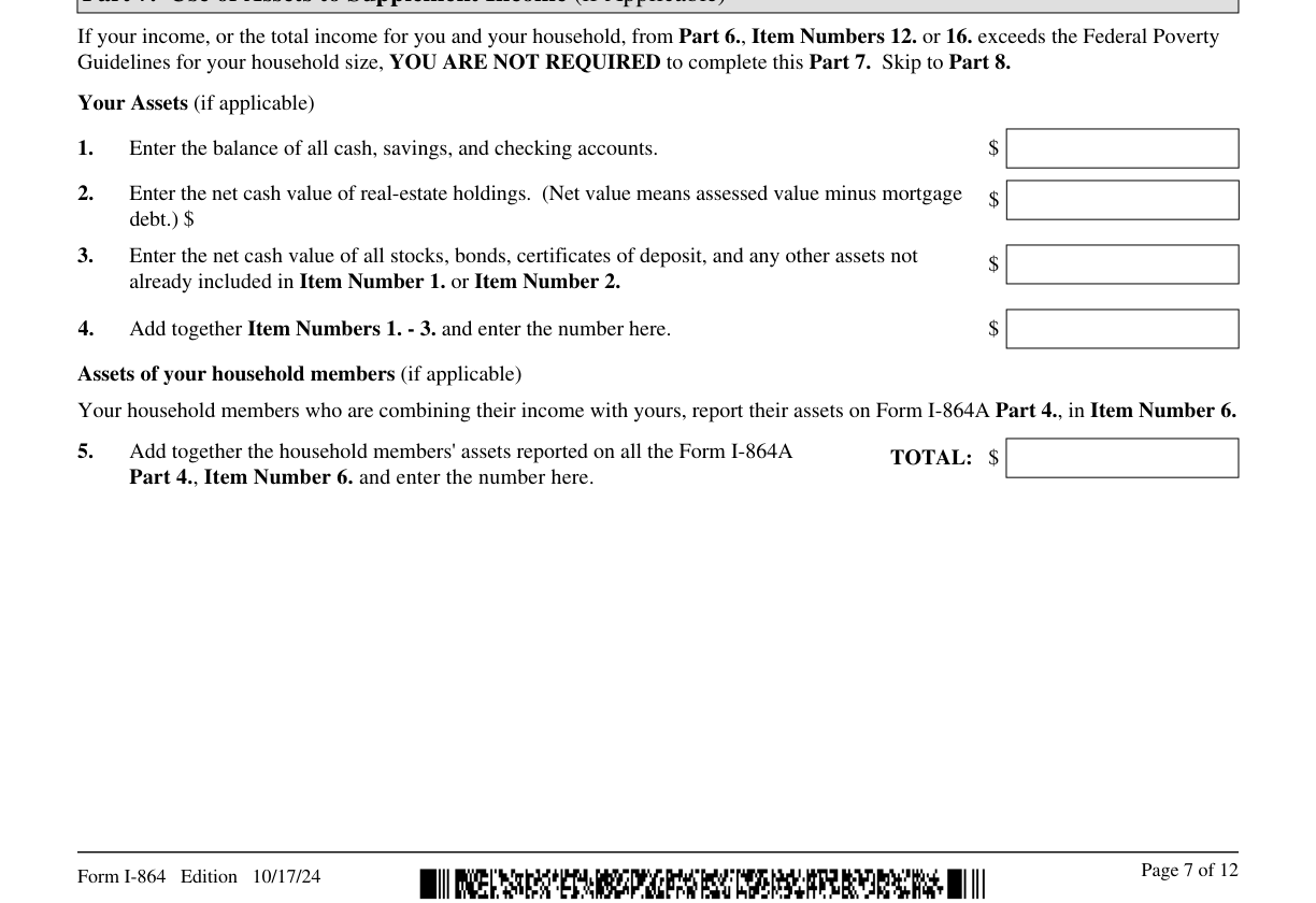 Form I-864, Part 7 (Use of Assets to Supplement Income) as it appears on edition 08/24/26