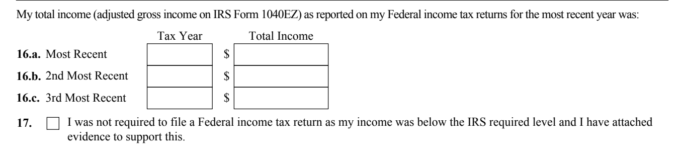 Form I-864, Part 6 (Federal Income Tax Return Information): Item 16 tax year and total income, and Item 17, as they appear on edition 10/17/24
