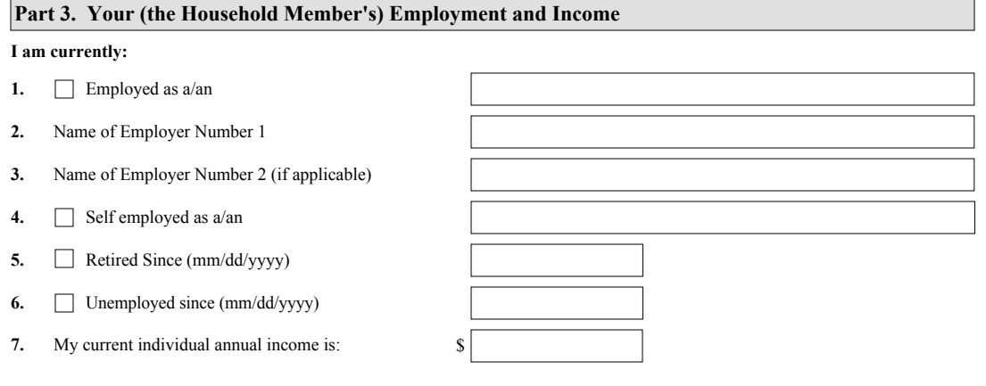 Form I-864A, Part 3 (Your (the Household Member's) Employment and Income) -- Items 1 through 7 as they appear on edition 10/17/24