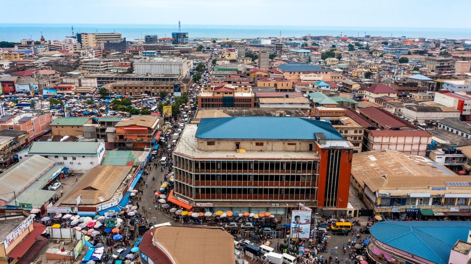 Aerial view of central Accra, Ghana, the capital where the U.S. Embassy consular section processes immigrant visa interviews