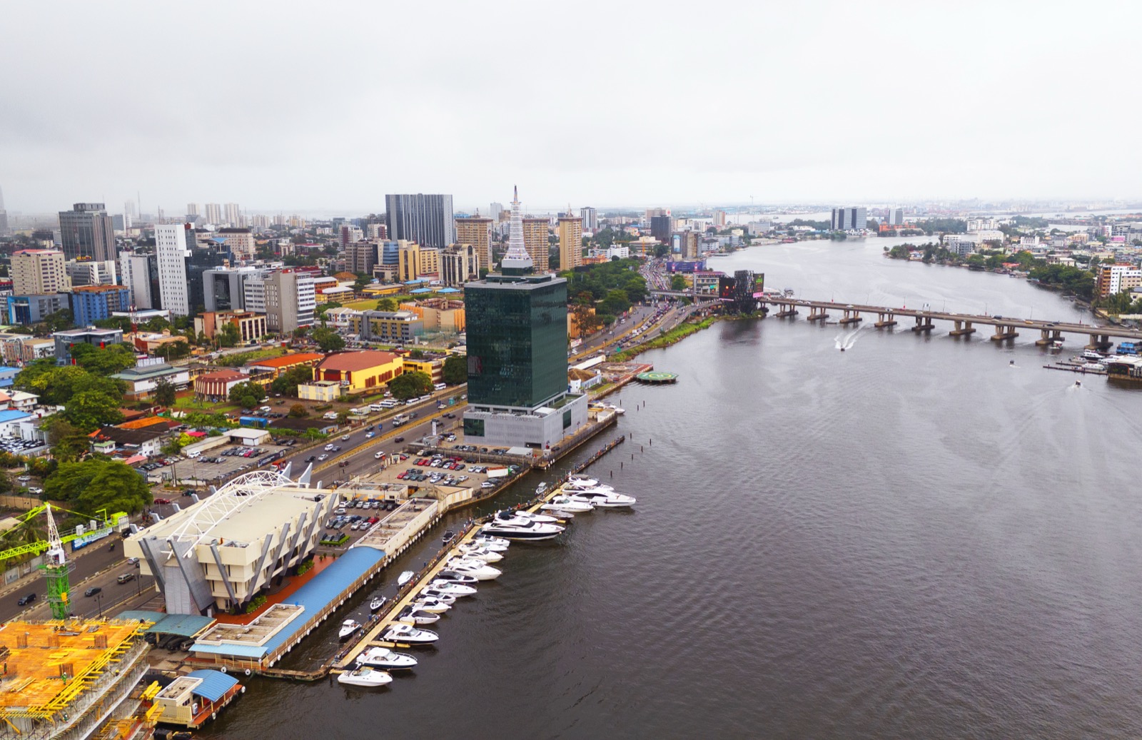 Aerial view of Victoria Island, Lagos, the district where the U.S. Consulate General sits, with the waterfront and marina