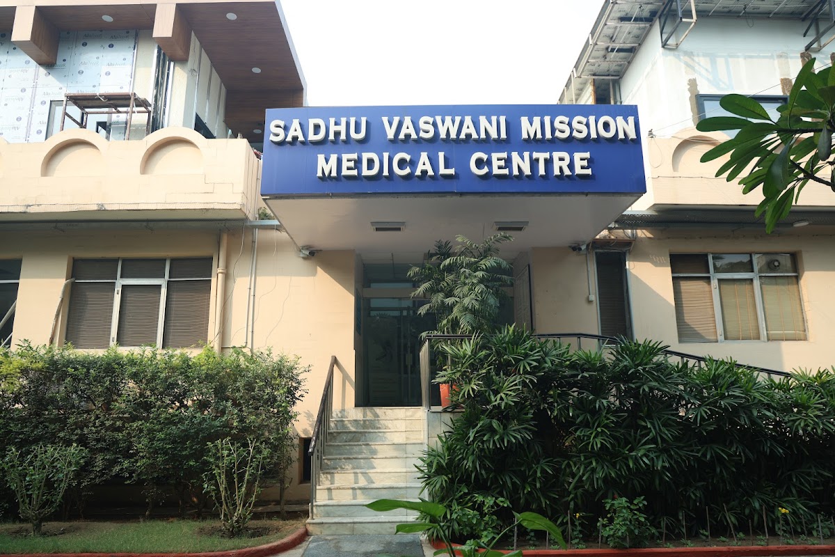 Sadhu Vaswani Mission Medical Centre building exterior with signage, New Delhi, India